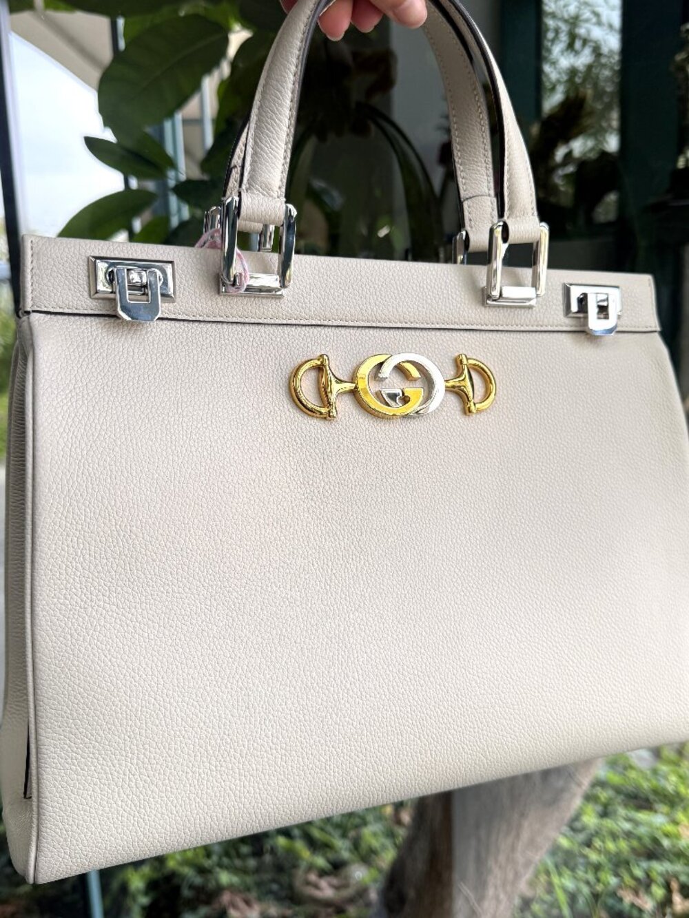 Gucci Zumi Medium Tote White Grain Leather Shoulder Bag w/ Receipt